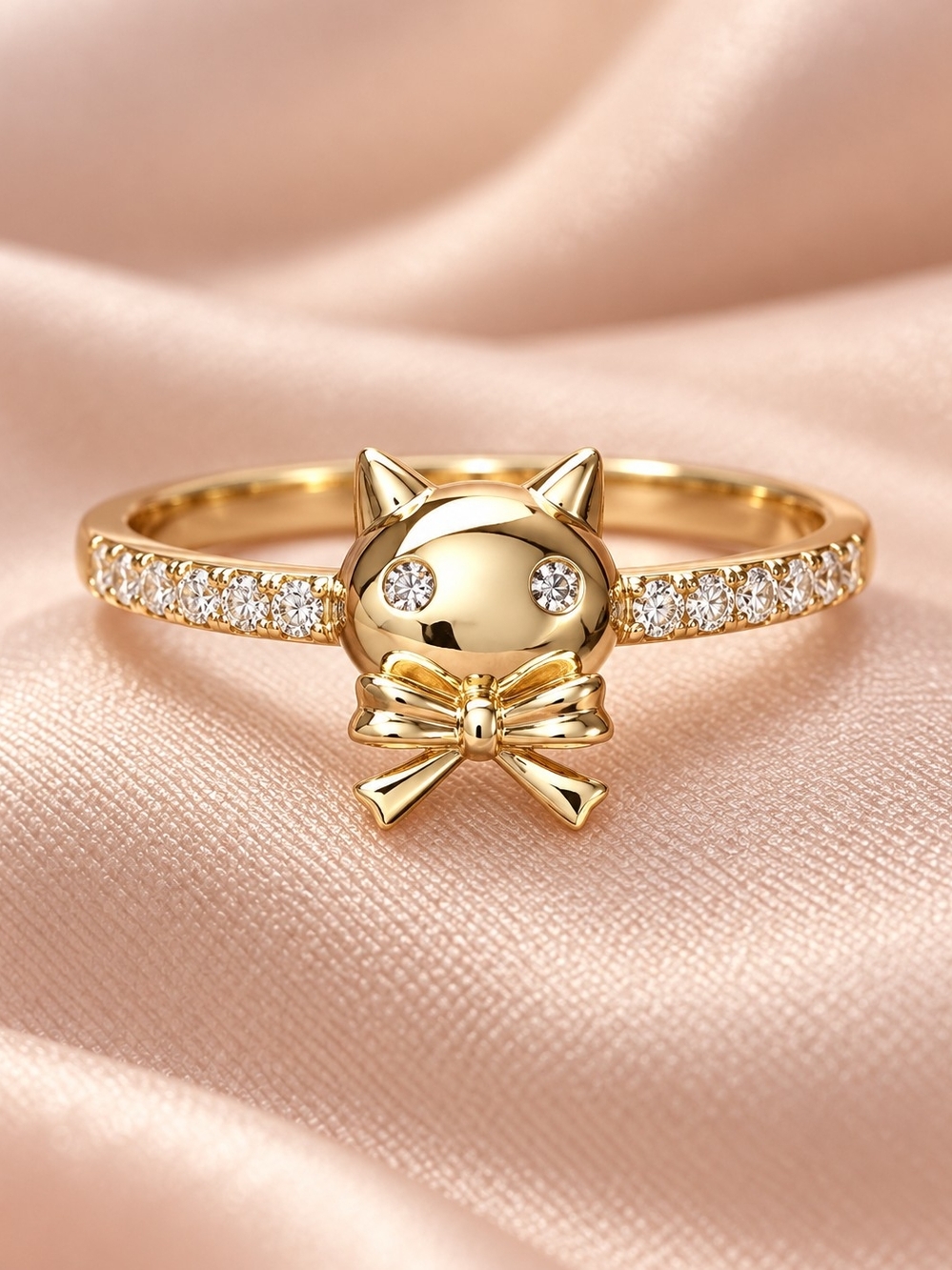 14k. Gold Laminated Cat Face Bow Ring with Pave Cubic Zirconia